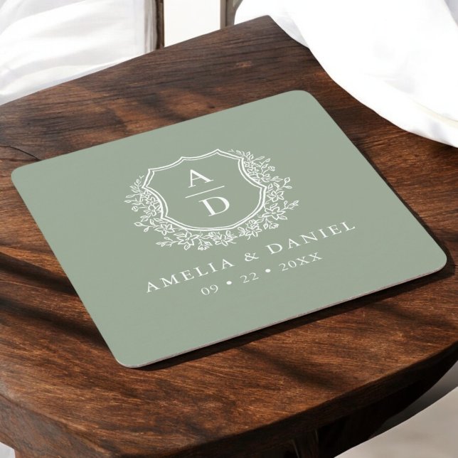 Sage Green Monogram Wedding Floral Crest Elegant Square Paper Coaster (Creator Uploaded)