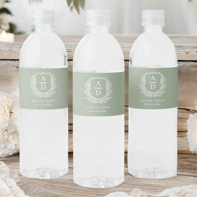 Sage Green Monogram Wedding Floral Crest Water Bottle Label (Creator Uploaded)