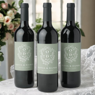 Sage Green Monogram Wedding Floral Crest Wine Label