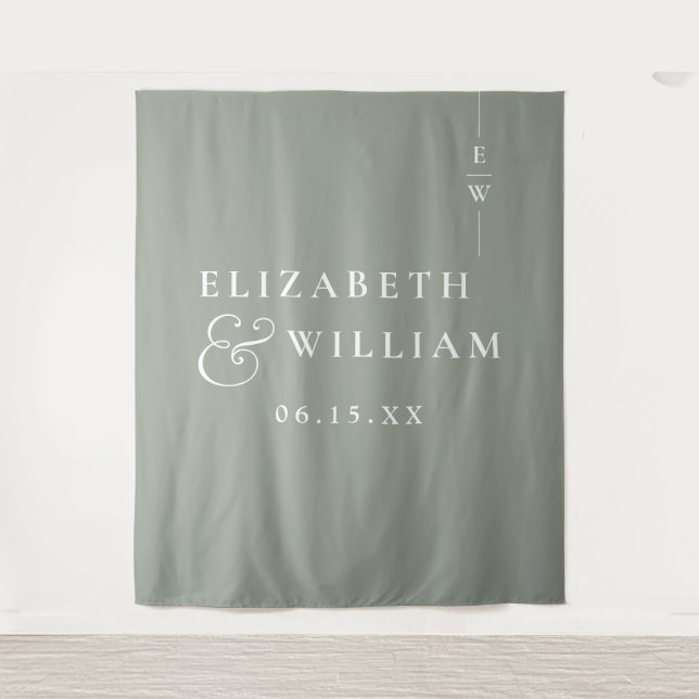 Sage Green Monogram Wedding Photo Backdrop Tapestry (Front)