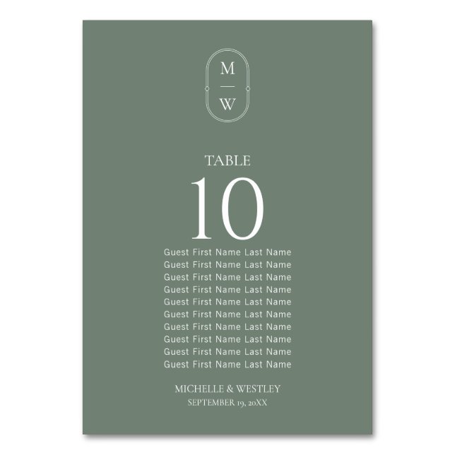 Sage Green Monogram Wedding Seating Chart Table Number (Front)