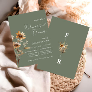 Sage green Monogram Wildflower Rehearsal Dinner Invitation