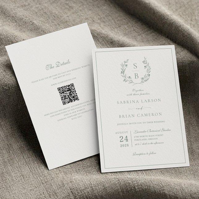 Sage Green Monogram Wreath QR Code Wedding Invitation (Creator Uploaded)
