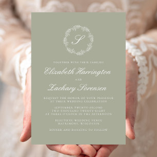 Sage Green Monogram Wreath White Script Wedding Invitation