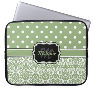 Sage Green Monogrammed Damask Polka Dot Laptop Sleeve