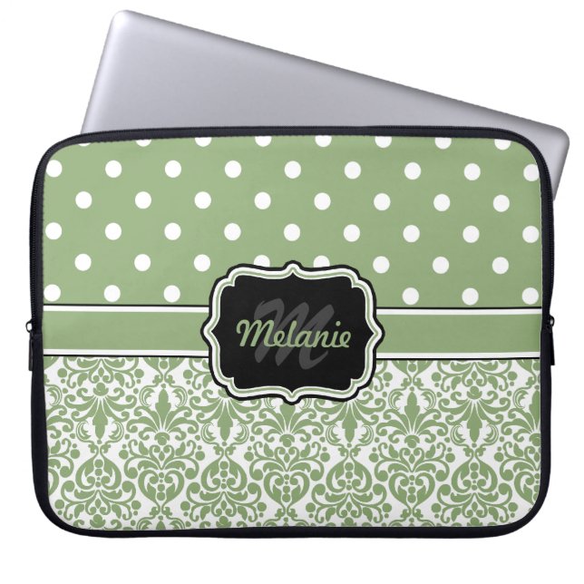 Sage Green Monogrammed Damask Polka Dot Laptop Sleeve (Front)