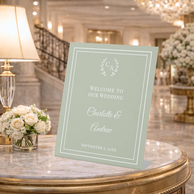 Sage green monogrammed elegant wedding welcome  pedestal sign (Creator Uploaded)
