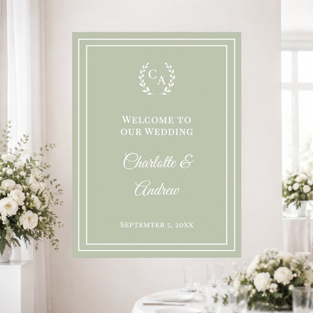 Sage green monogrammed elegant wedding welcome poster (Creator Uploaded)