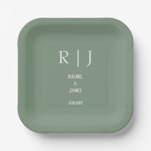Sage Green Monograms Minimal Modern Simple Wedding Paper Plate