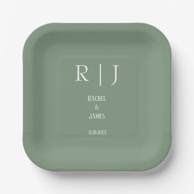 Sage Green Monograms Minimal Modern Simple Wedding Paper Plate (Front)