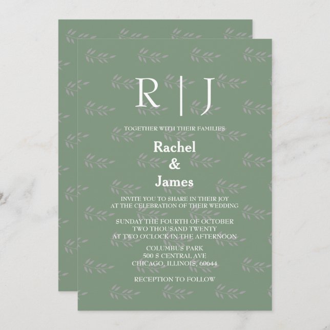 Sage Green Monograms QR Code Leaf Patterns Wedding Invitation (Front/Back)