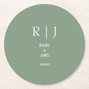 Sage Green Monograms Trendy Elegant Modern Wedding Round Paper Coaster