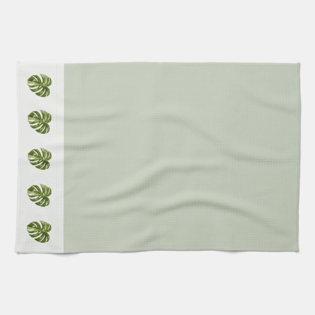 Sage Green Monstera Botanical Decor Minimal Art Tea Towel (Horizontal)
