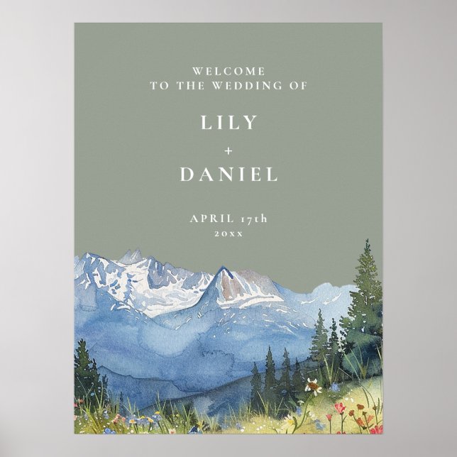 Sage Green Mountain Floral Wedding Welcome Sign (Front)