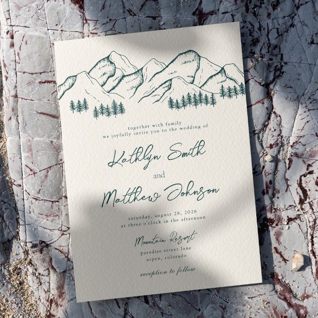 Sage Green Mountain Pine Tree Minimalist Wedding Invitation (Creator Uploaded)