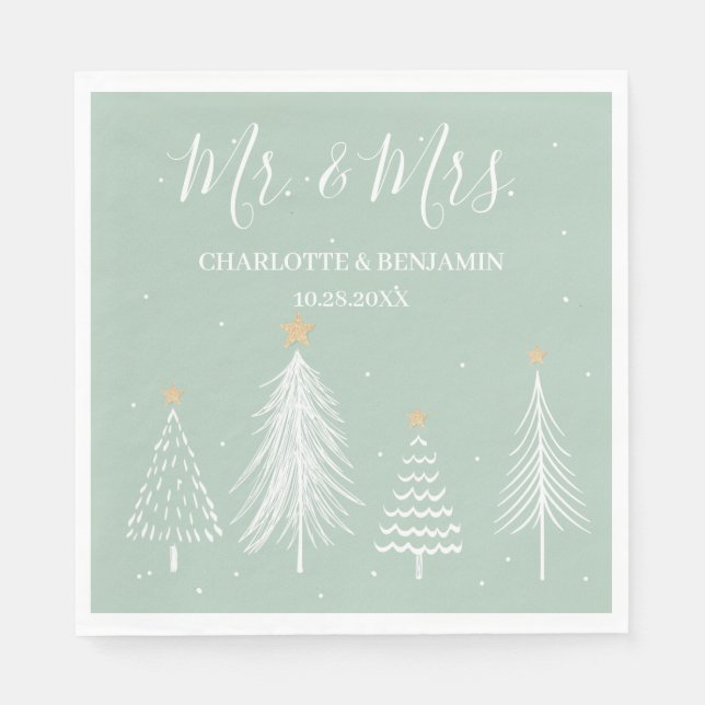  Sage Green Mr and Mrs Christmas Winter Wedding Napkin (Front)
