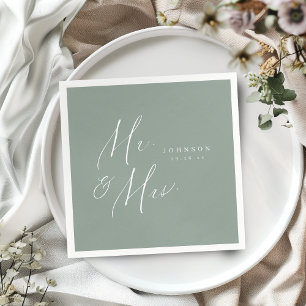 Sage Green Mr. and Mrs. script minimalist wedding Napkin