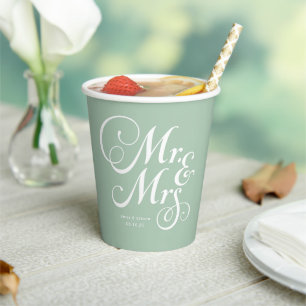 Sage Green Mr. & Mrs. personalised wedding Paper Cups