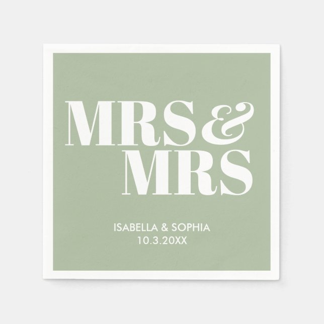 Sage Green Mrs & Mrs Personalised Wedding Napkins (Front)