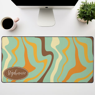 Sage Green, Mustard, And Brown Retro Groovy Waves Desk Mat