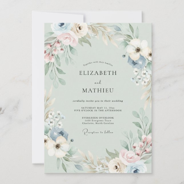 Sage Green Muted Anemone Wedding Invitation (Front)