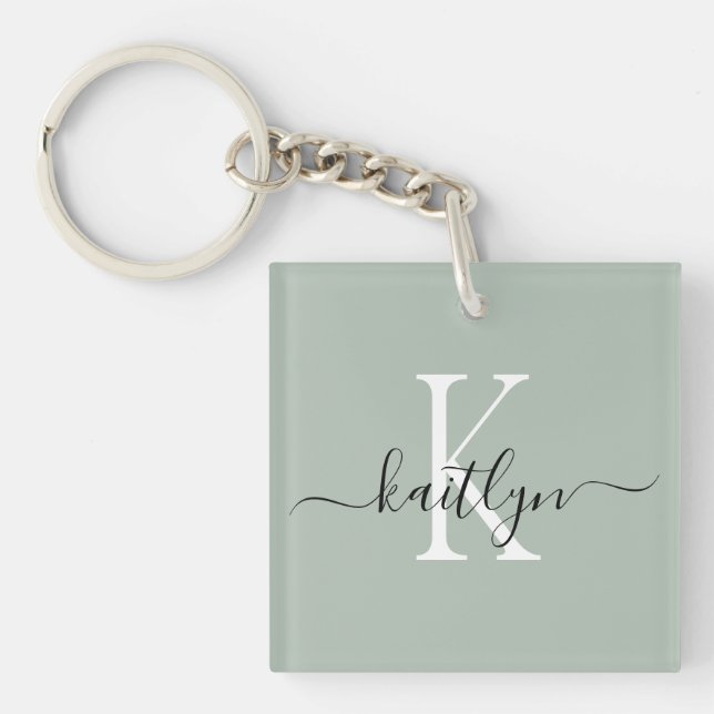 Sage Green Name Initial Monogram Key Ring (Front)