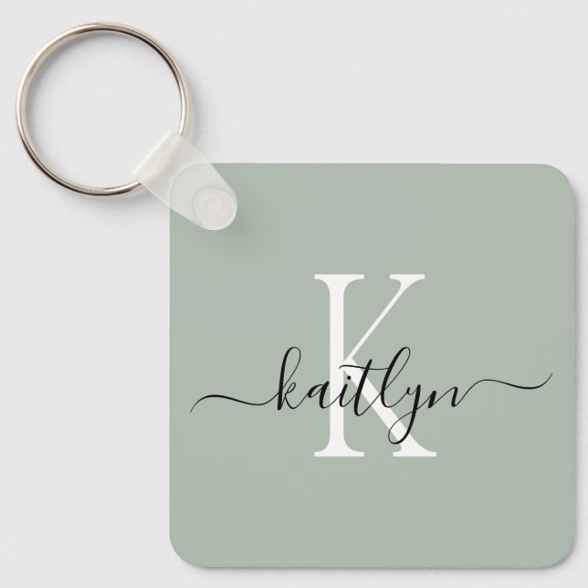 Sage Green Name Initial Monogram Key Ring (Front)