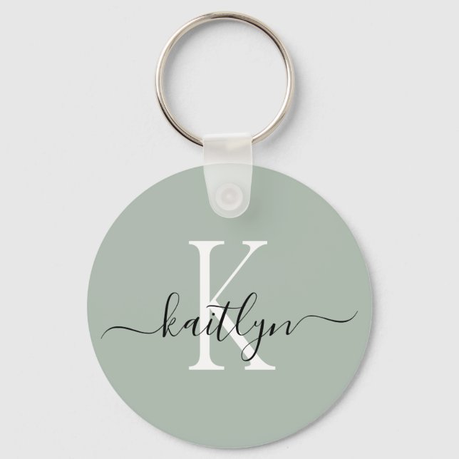 Sage Green Name Initial Monogram Key Ring (Front)