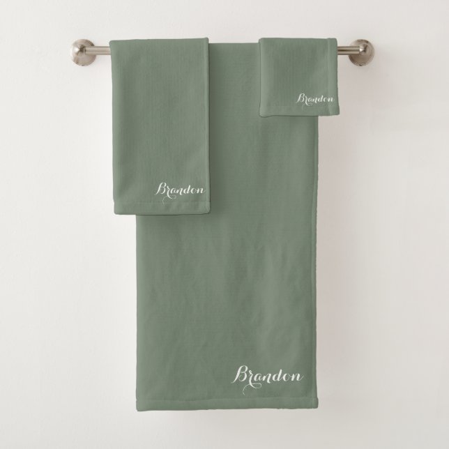Sage Green Name Modern Elegant Monogram Boho Bath Towel Set (Insitu)