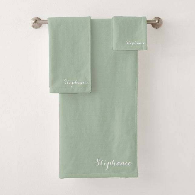 Sage Green Name Modern Elegant Monogram Boho Bath Towel Set (Insitu)
