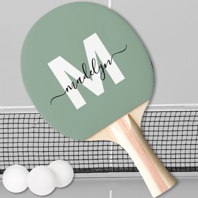 Sage Green Name Monogram Ping Pong Paddle (Sage Green Elegant Script Name Monogram Ping Pong Paddle)