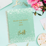 Sage green name script 2025 planner<br><div class="desc">A sage green background decorated with confetti.  Personalise and add a name. The name is written with a large modern hand lettered script,  signature style. Perfect for school,  work or organising your personal/family life.</div>