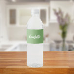 Sage green name script water bottle label<br><div class="desc">A trendy sage green coloured background. Personalise and add your name written with a modern hand lettered style script in white.</div>
