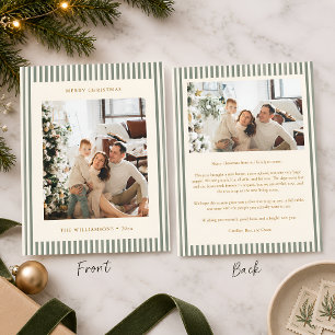 Sage Green Narrow Stripe Photo Letter Christmas Holiday Card