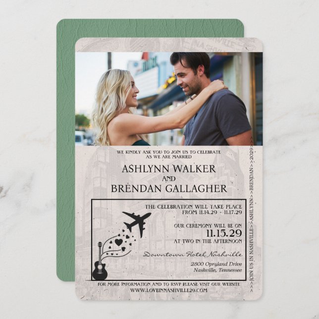 Sage Green Nashville Passport Wedding Invitation (Front/Back)