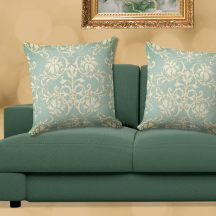 Sage Green Natural Gold Damask Pillow