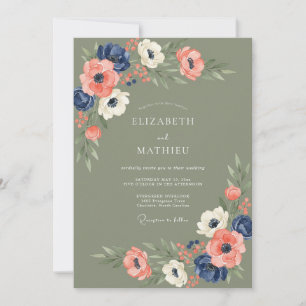 Sage Green Navy Anemone Elegant Wedding Invitation