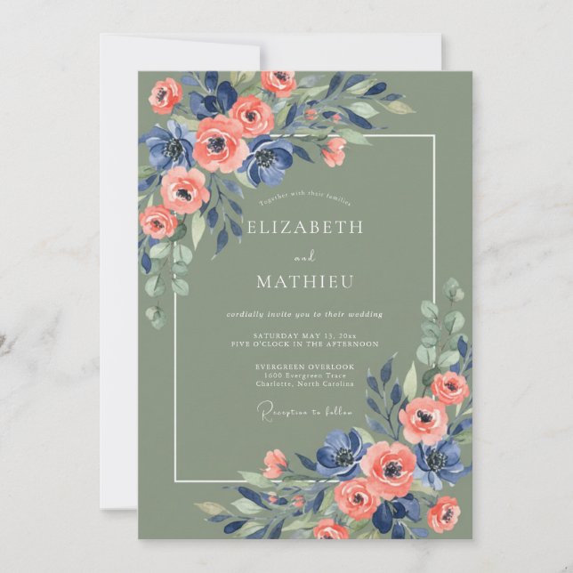 Sage Green Navy Floral Rustic Wedding Invitation (Front)