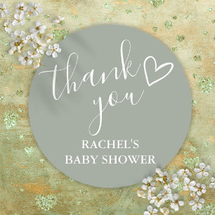 Sage Green Neutral Baby Shower Script Thank You Classic Round Sticker
