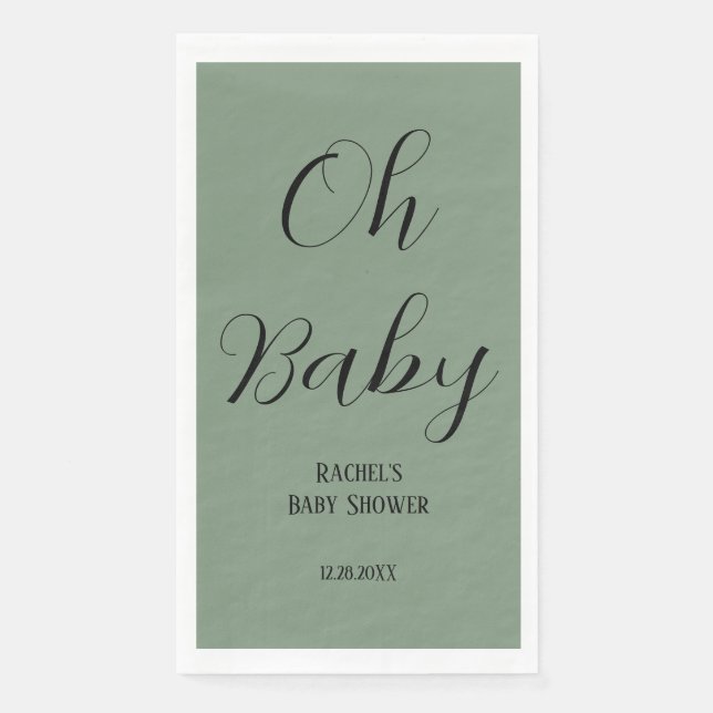 Sage Green Oh Baby Script Cute Modern Baby Shower Napkin (Front)