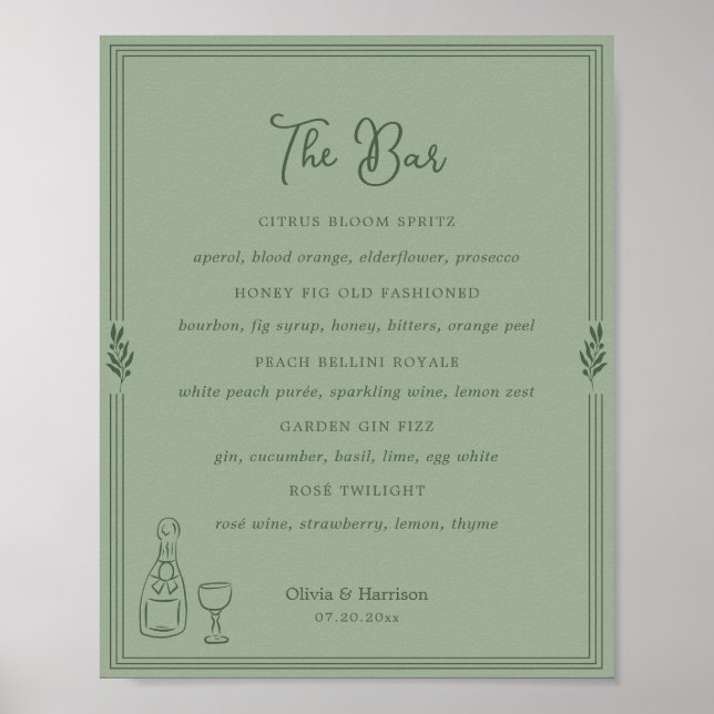Sage Green Olive Branch Bar Menu Sign (Front)