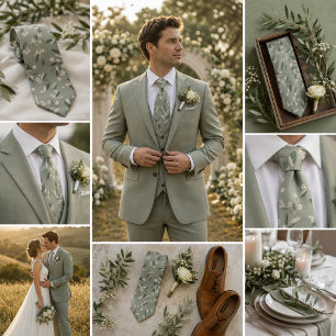 Sage Green Olive Branch & Ivory Floral  Tie