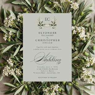 Sage Green Olive Branch Monogram Photo Wedding Invitation