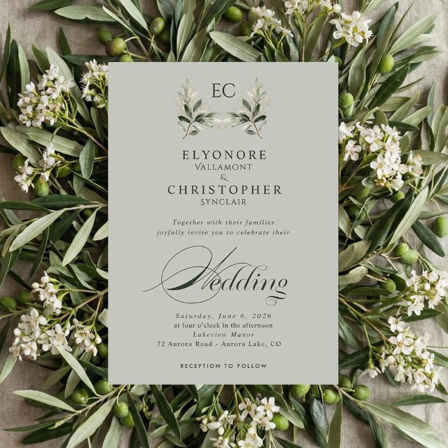 Sage Green Olive Branch Monogram Photo Wedding Invitation (Creator Uploaded)