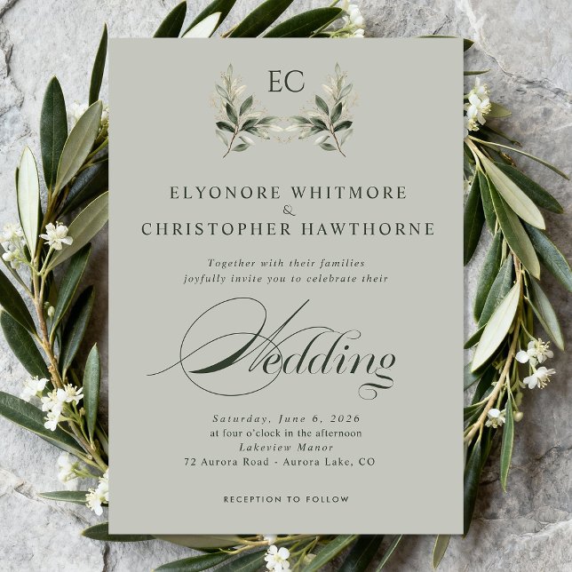 Sage Green Olive Branch Monogram Photo Wedding Invitation (Creator Uploaded)