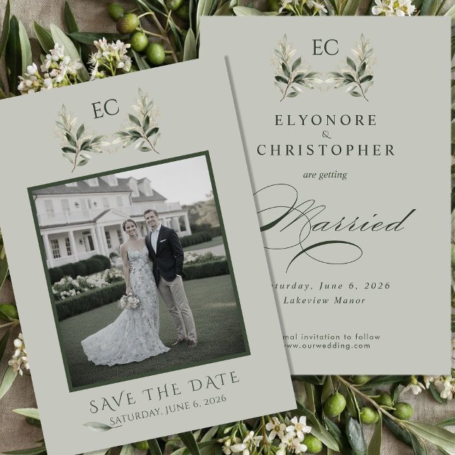 Sage Green Olive Branch Monogram Photo Wedding Save The Date (Creator Uploaded)