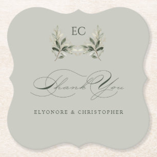 Sage Green Olive Branch Monogram Thank You Card Paper Coaster