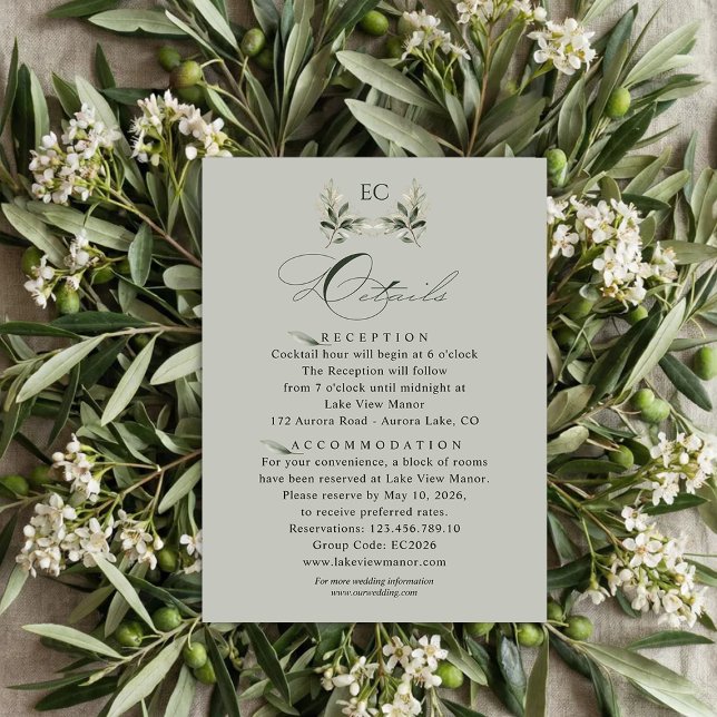 Sage Green Olive Branch Monogram Wedding Details  Enclosure Card (Creator Uploaded)