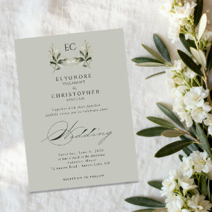 Sage Green Olive Branch Monogram Wedding Invitation