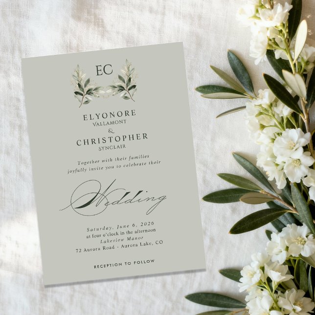 Sage Green Olive Branch Monogram Wedding Invitation (Creator Uploaded)